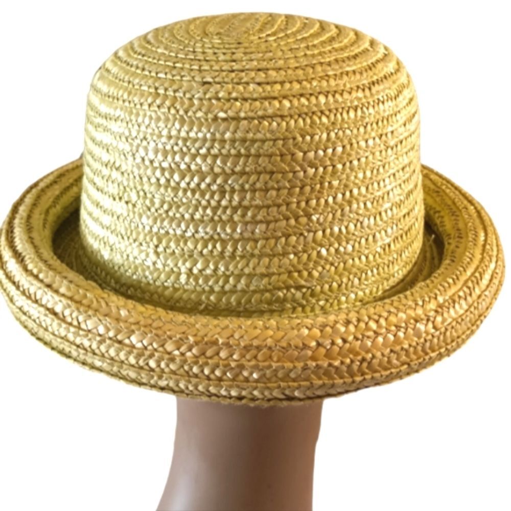 Vintage Lime Green Rolled Brim Woven Straw Hat - Picture 2 of 5